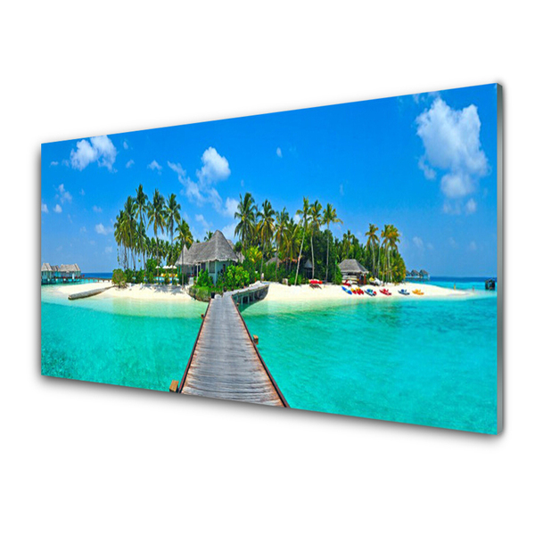 Plexiglas® Wall Art Beach palm trees bridge sea architecture brown green grey blue