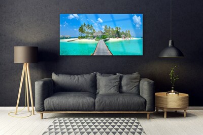 Plexiglas® Wall Art Beach palm trees bridge sea architecture brown green grey blue