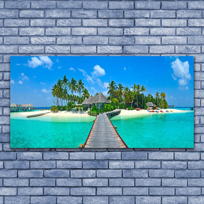 Plexiglas® Wall Art Beach palm trees bridge sea architecture brown green grey blue