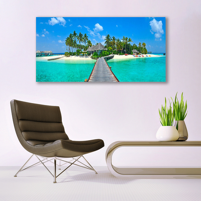 Plexiglas® Wall Art Beach palm trees bridge sea architecture brown green grey blue