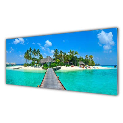 Plexiglas® Wall Art Beach palm trees bridge sea architecture brown green grey blue