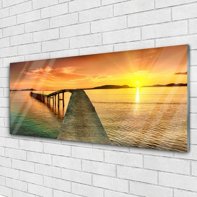 Plexiglas® Wall Art Sun sea bridge landscape yellow grey