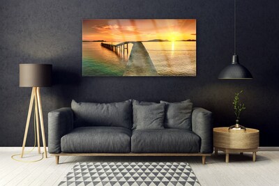 Plexiglas® Wall Art Sun sea bridge landscape yellow grey