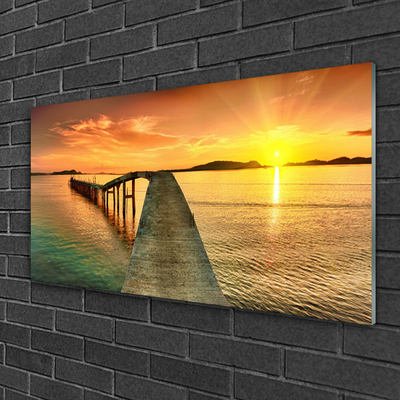 Plexiglas® Wall Art Sun sea bridge landscape yellow grey