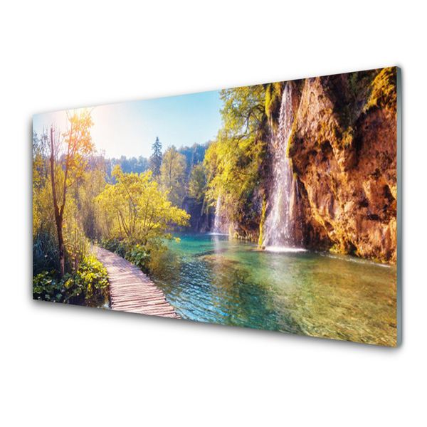 Plexiglas® Wall Art Trees lake rock bridge landscape brown green blue