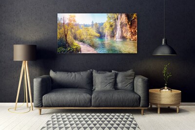 Plexiglas® Wall Art Trees lake rock bridge landscape brown green blue