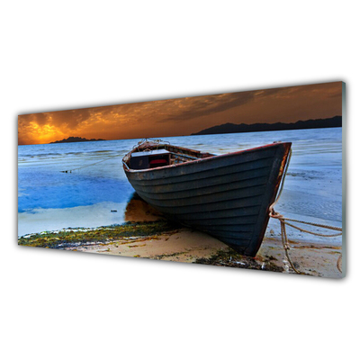 Plexiglas® Wall Art Beach boat sea landscape green brown grey blue