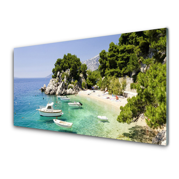 Plexiglas® Wall Art Sea boat beach rocks landscape blue white green grey