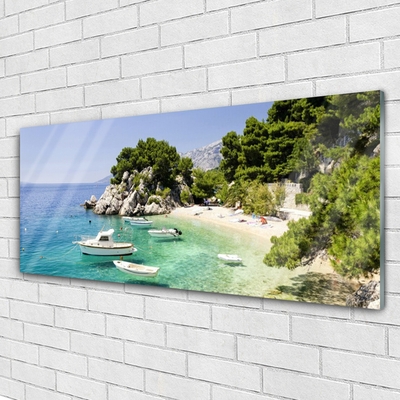 Plexiglas® Wall Art Sea boat beach rocks landscape blue white green grey