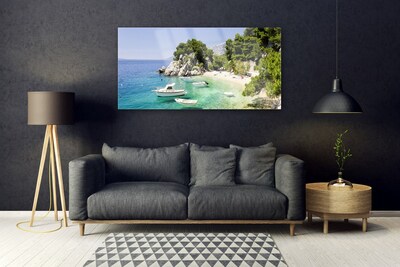 Plexiglas® Wall Art Sea boat beach rocks landscape blue white green grey