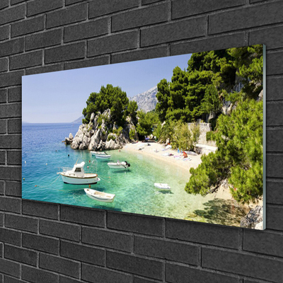 Plexiglas® Wall Art Sea boat beach rocks landscape blue white green grey