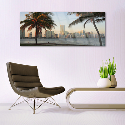 Plexiglas® Wall Art City palm trees houses brown green grey