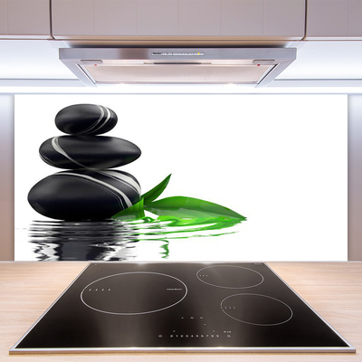 Kitchen Splashback Stones leaves water art black green white