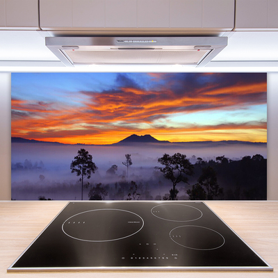 Kitchen Splashback Trees fog landscape yellow white black