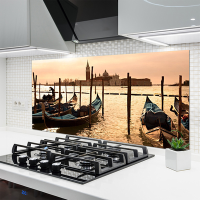 Kitchen Splashback Boats sea landscape yellow white brown