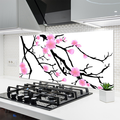 Kitchen Splashback Branches flowers art brown pink