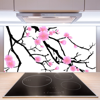 Kitchen Splashback Branches flowers art brown pink