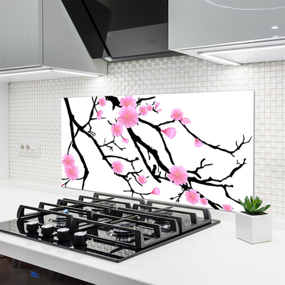 Kitchen Splashback Branches flowers art brown pink