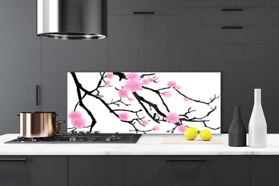 Kitchen Splashback Branches flowers art brown pink