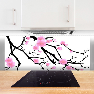 Kitchen Splashback Branches flowers art brown pink