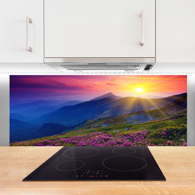 Kitchen Splashback Mountains flower meadow landscape blue pink green yellow