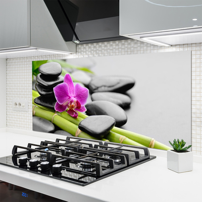 Kitchen Splashback Bamboo tube flower stones art green pink black