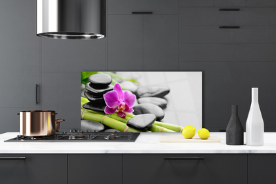 Kitchen Splashback Bamboo tube flower stones art green pink black