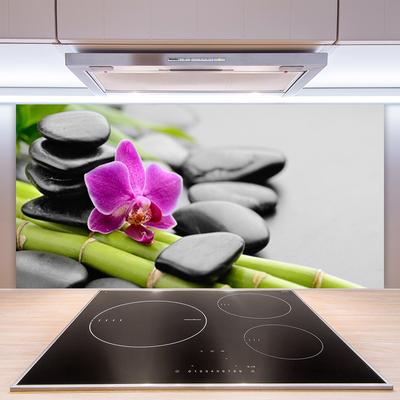 Kitchen Splashback Bamboo tube flower stones art green pink black