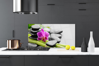 Kitchen Splashback Bamboo tube flower stones art green pink black