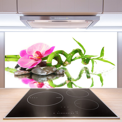 Kitchen Splashback Bamboo flower stones art green pink grey