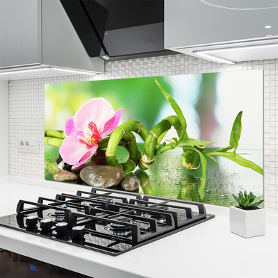 Kitchen Splashback Bamboo stalk flower stones nature green pink grey