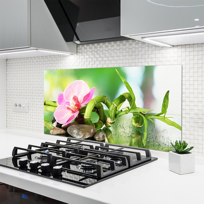 Kitchen Splashback Bamboo stalk flower stones nature green pink grey