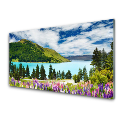 Kitchen Splashback Mountain forest lake meadow landscape green blue purple pink