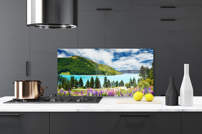 Kitchen Splashback Mountain forest lake meadow landscape green blue purple pink