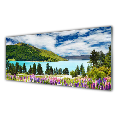 Kitchen Splashback Mountain forest lake meadow landscape green blue purple pink