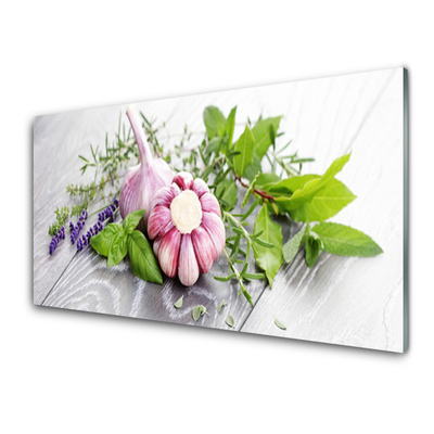 Kitchen Splashback Garlic flower leaves floral purple green brown