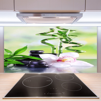 Kitchen Splashback Bamboo stalks flower stones floral green white black