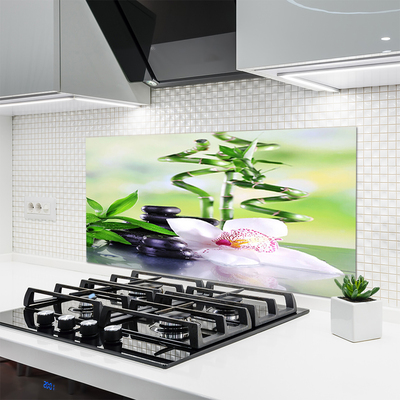 Kitchen Splashback Bamboo stalks flower stones floral green white black