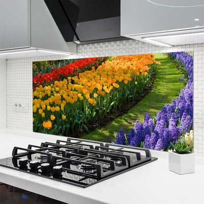 Kitchen Splashback Flowers floral green red yellow purple