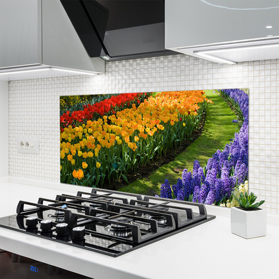 Kitchen Splashback Flowers floral green red yellow purple