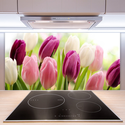 Kitchen Splashback Tulips floral white red pink