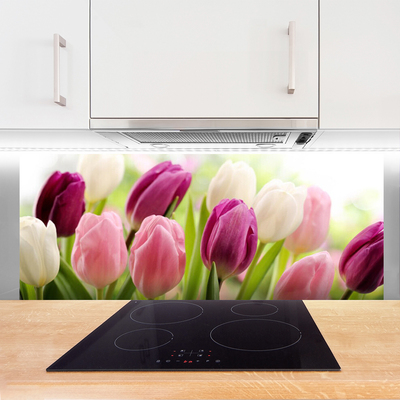 Kitchen Splashback Tulips floral white red pink