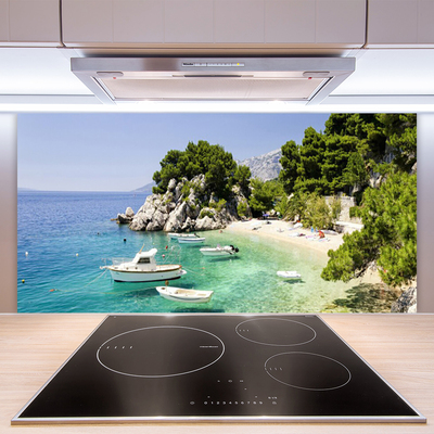 Kitchen Splashback Sea boat beach rocks landscape blue white green grey