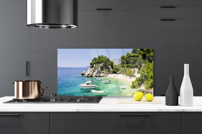 Kitchen Splashback Sea boat beach rocks landscape blue white green grey