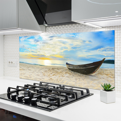 Kitchen Splashback Boat beach landscape grey brown