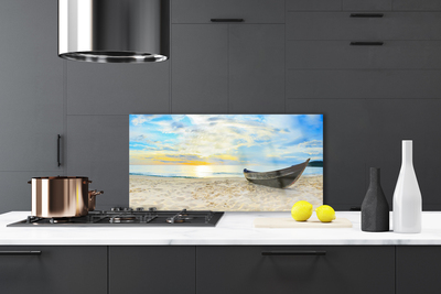 Kitchen Splashback Boat beach landscape grey brown