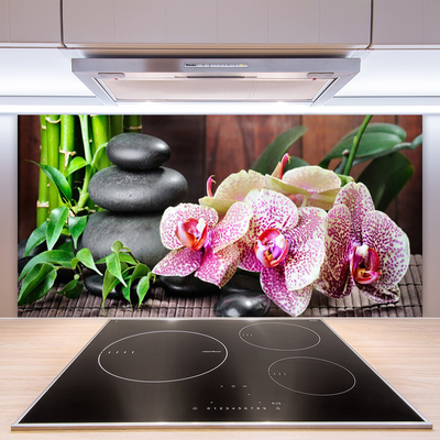 Kitchen Splashback Bamboo stones flowers floral green grey pink