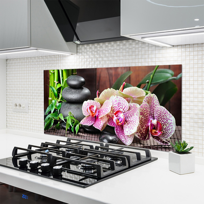 Kitchen Splashback Bamboo stones flowers floral green grey pink