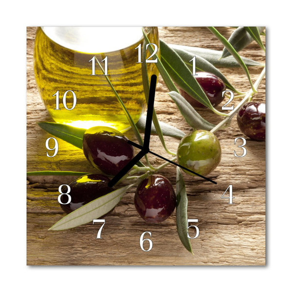 Glass Kitchen Clock Olive oil food and drinks green, brown