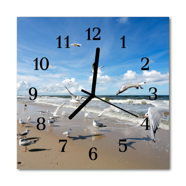 Glass Kitchen Clock Beach gulls landscape blue, beige